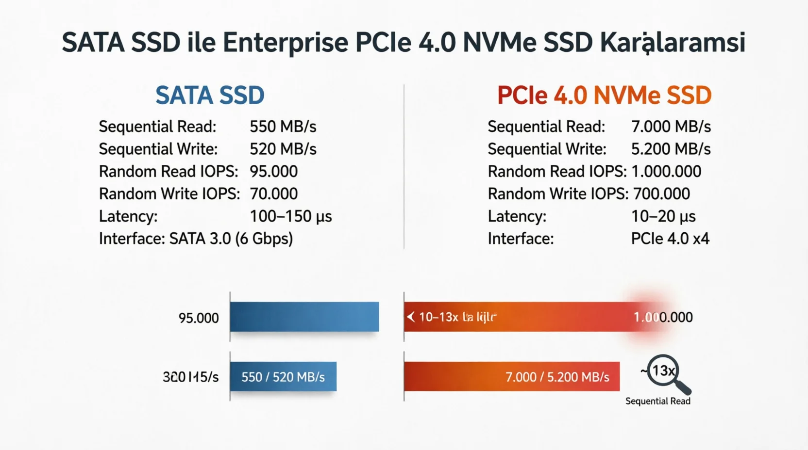 Geleneksel SATA SSD ile kurumsal PCIe 4.0 NVMe SSD okuma/yazma IOPS karşılaştırma tablosu