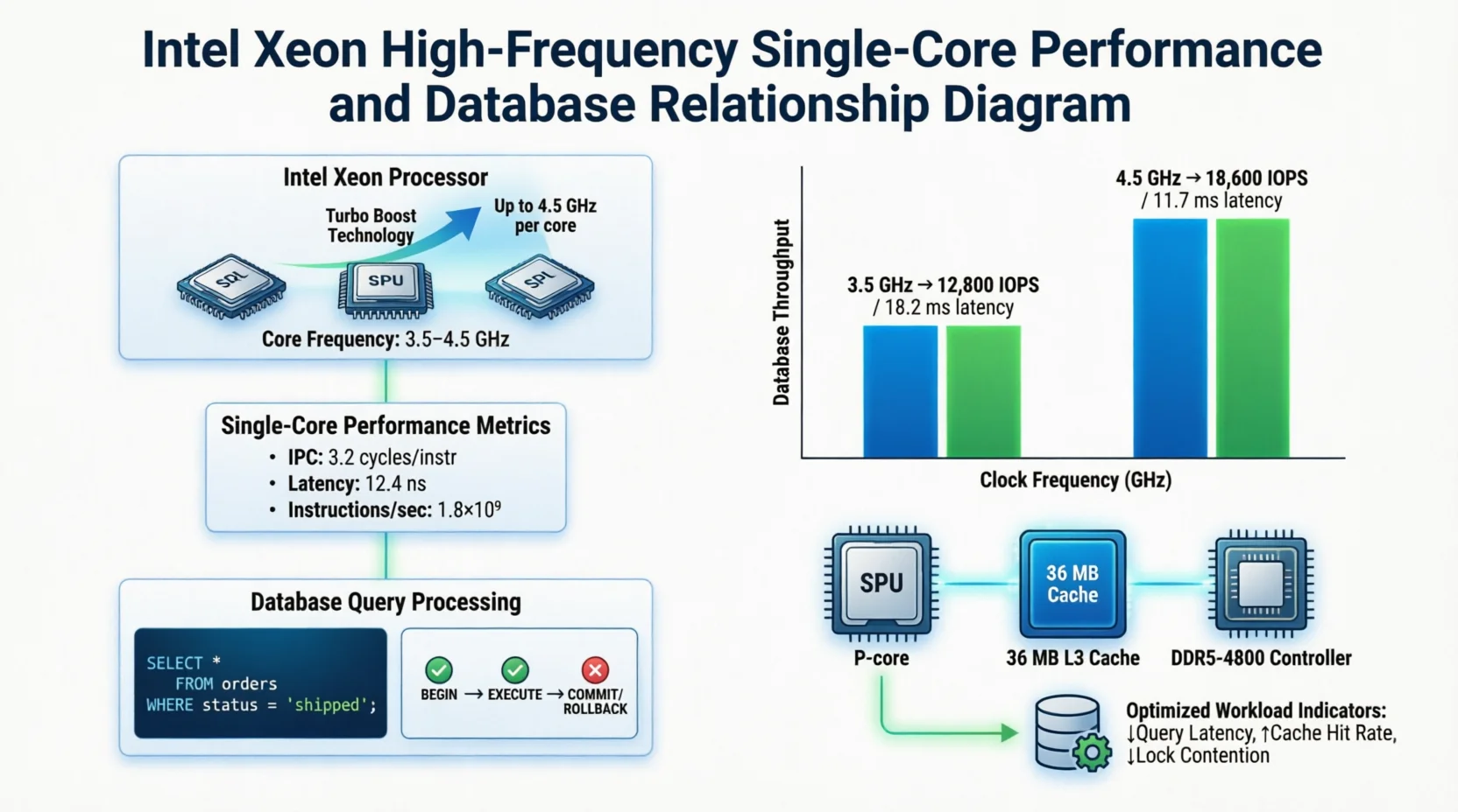 Intel Xeon işlemcilerin yüksek frekanslı tek çekirdek performansını ve veritabanı ilişkisini gösteren diyagram